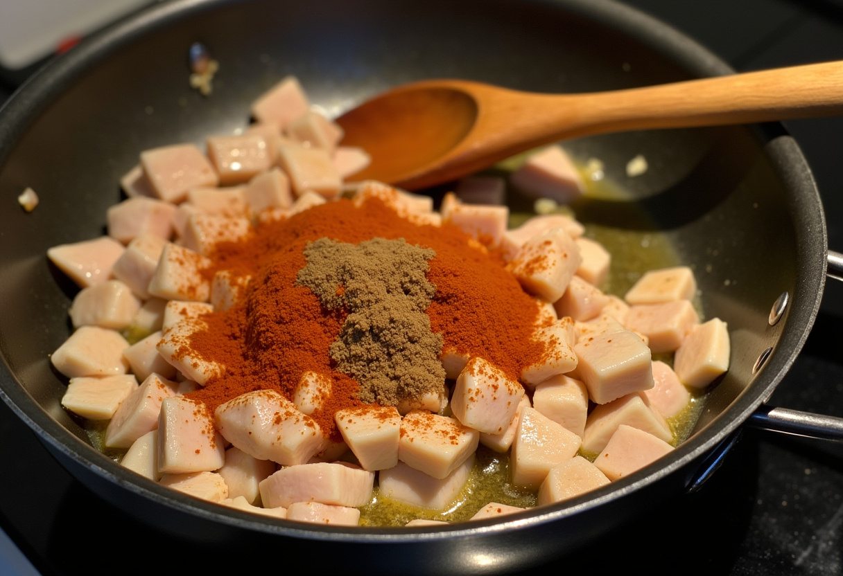 Sizzling diced chicken in a pan for cómo hacer fajitas de pollo.