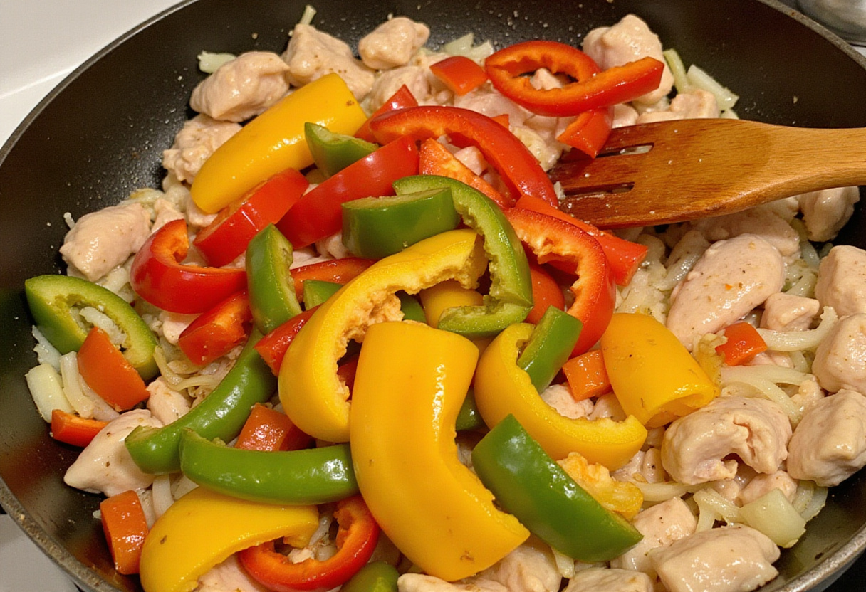 Adding bell peppers and onions to the chicken mixture for receta de fajitas.