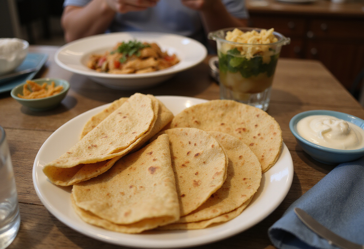 Platter of warm tortillas with chicken and vegetables for fajitas caseras preparation.