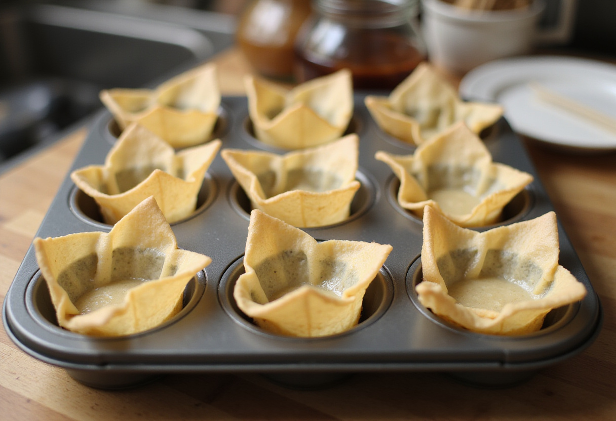 Wonton wrappers arranged in a muffin tin to prepare sushi al horno copas de sushi.