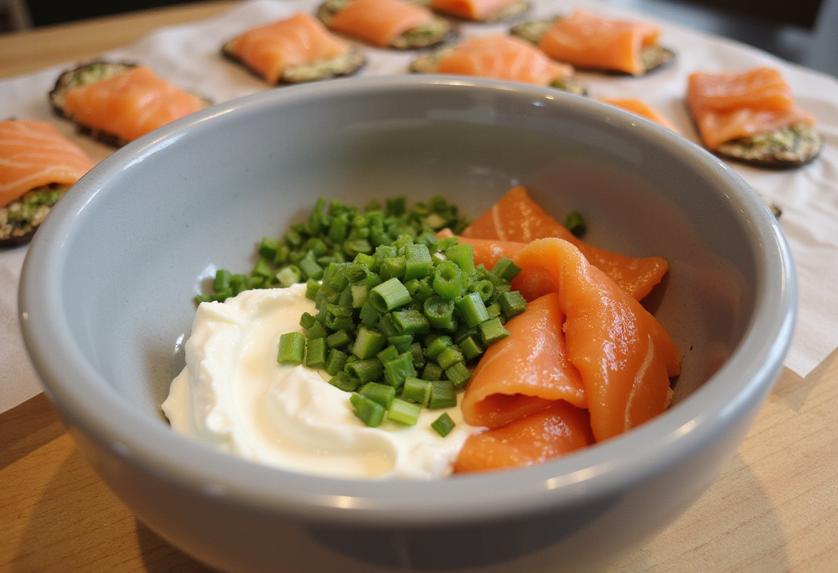 Mixing cream cheese and smoked salmon filling for sushi con salmón recipe.