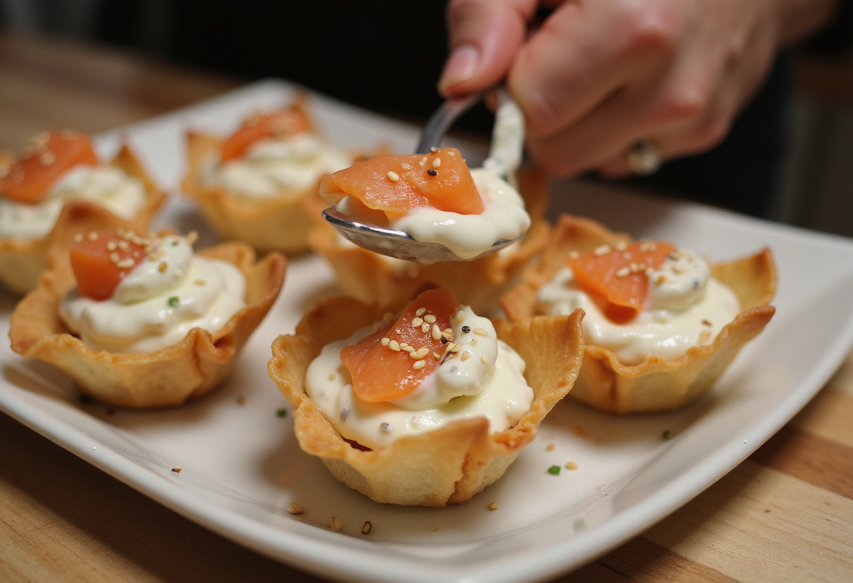 Filling wonton cups with salmon and cream cheese for recetas de sushi al horno.