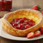 Finished Dutch Baby con Mermelada de Fresas on a plate, garnished with warm strawberry jam and powdered sugar.