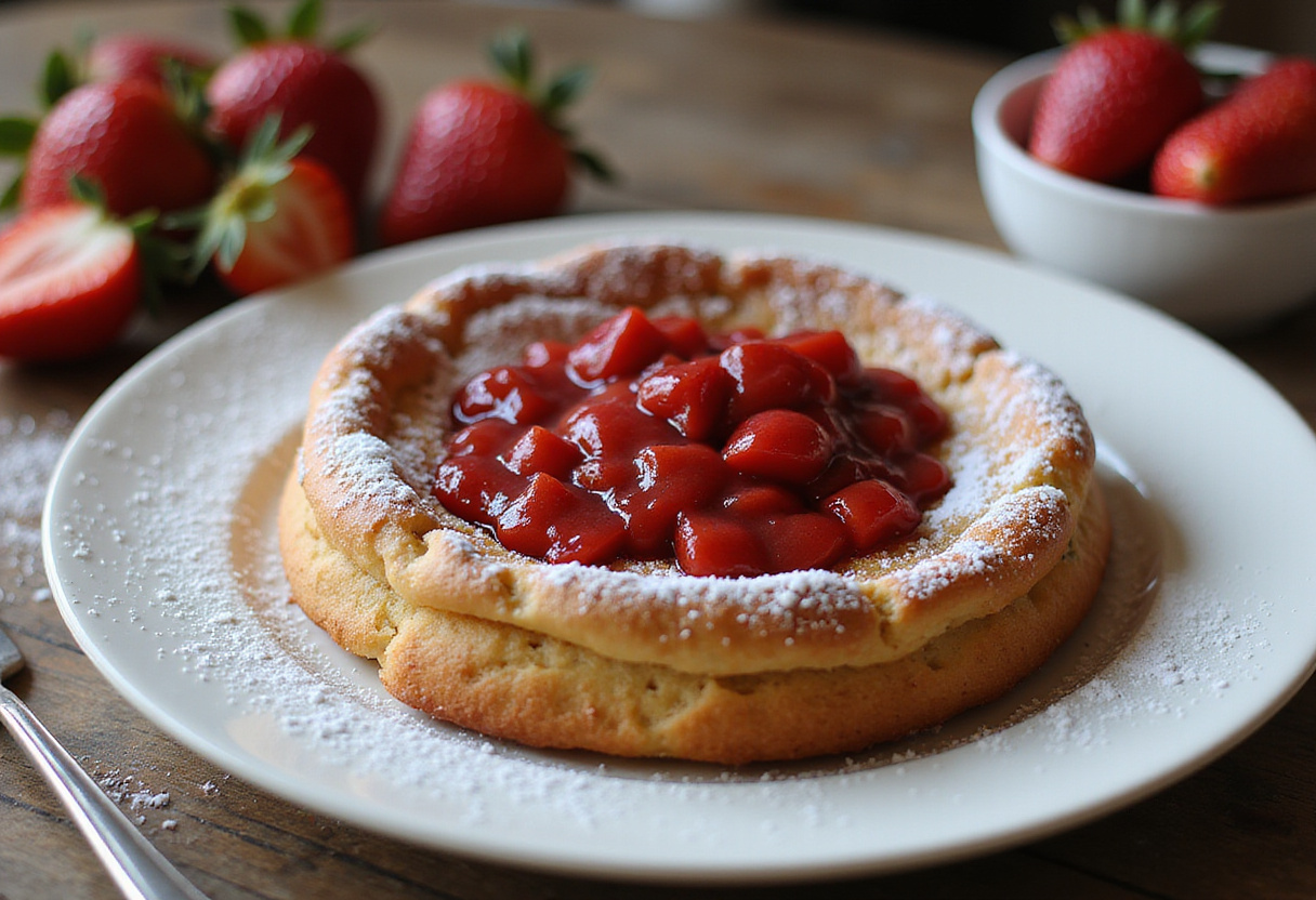 Finished Dutch Baby con Mermelada de Fresas on a plate, garnished with warm strawberry jam and powdered sugar.