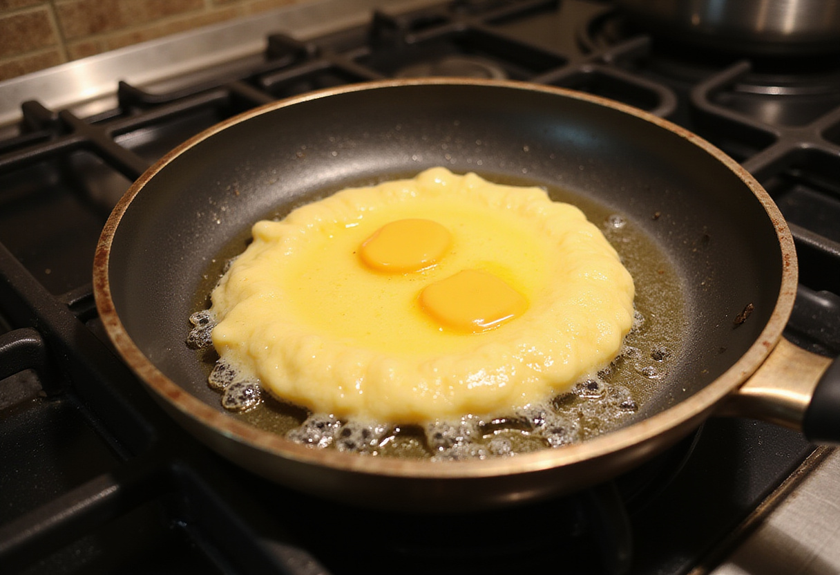 Dutch Baby batter cooking in a skillet with melted butter, illustrating the preparation process.