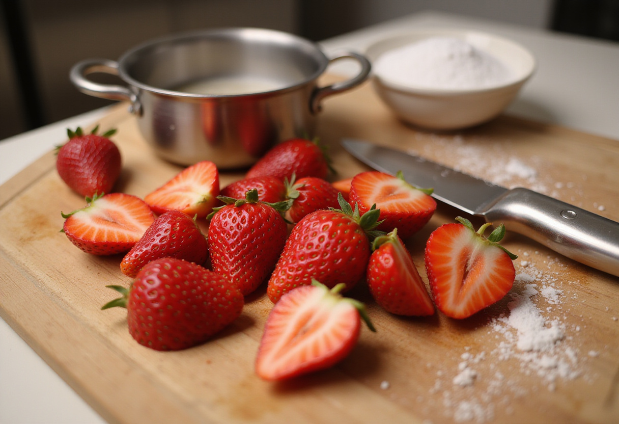 Sliced strawberries being prepared for the warm jam for Dutch Baby con Mermelada de Fresas.