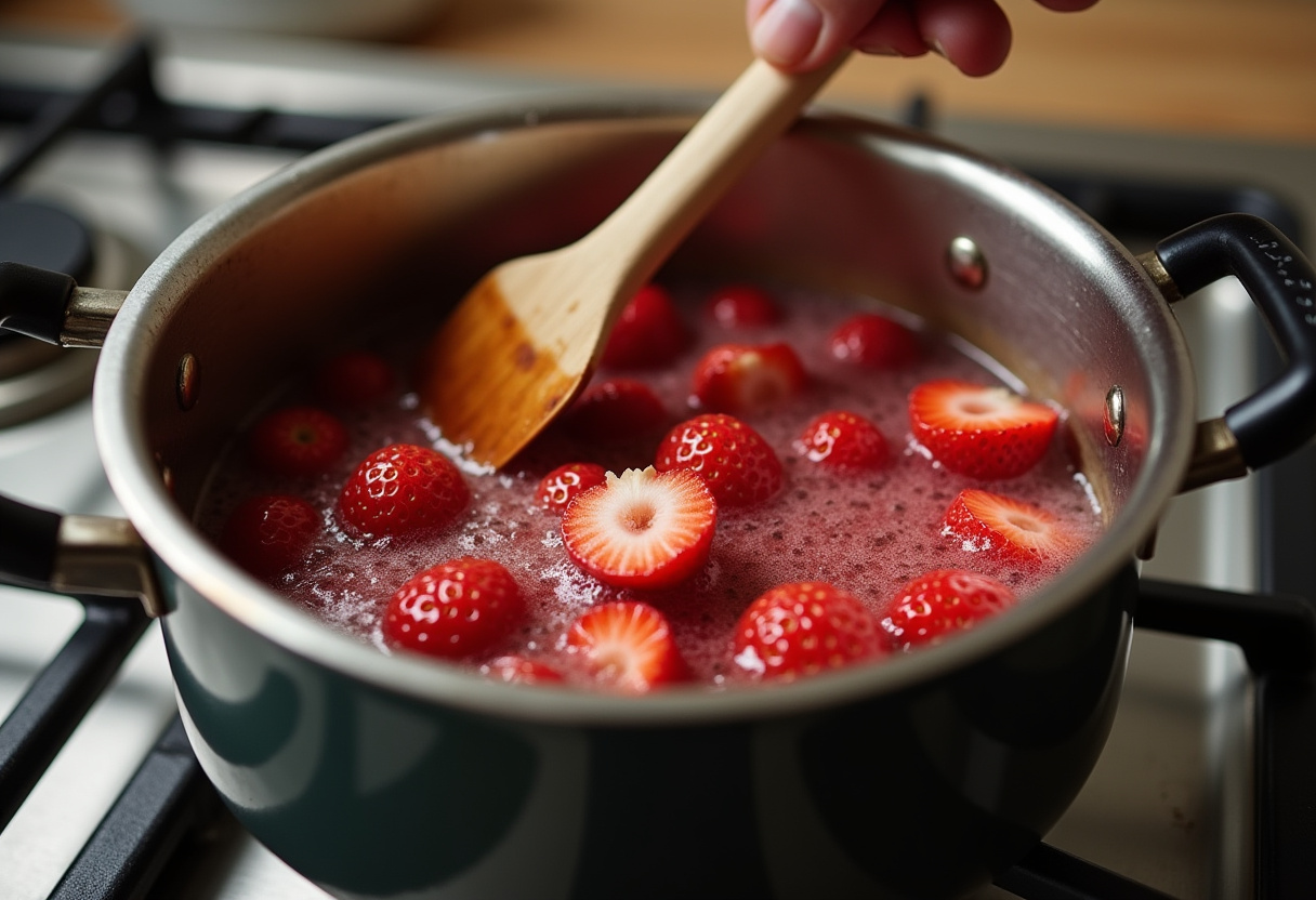 Strawberries and sugar simmering in a saucepan to make warm jam for Dutch Baby recipe.