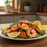 Ensalada caliente de camarones y chorizo perfectamente presentada, ideal para una comida mediterránea.