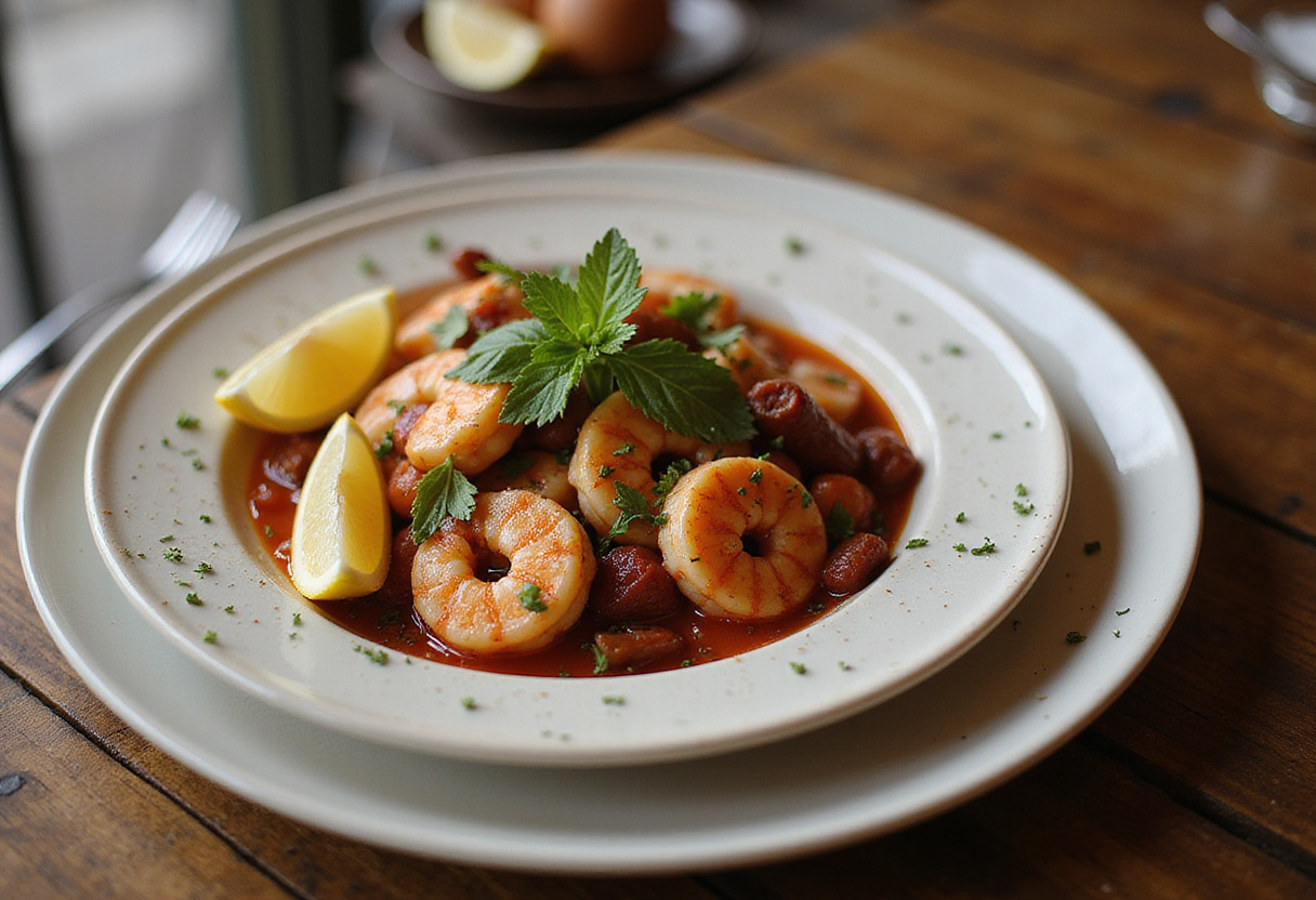 Ensalada caliente de camarones y chorizo perfectamente presentada, ideal para una comida mediterránea.