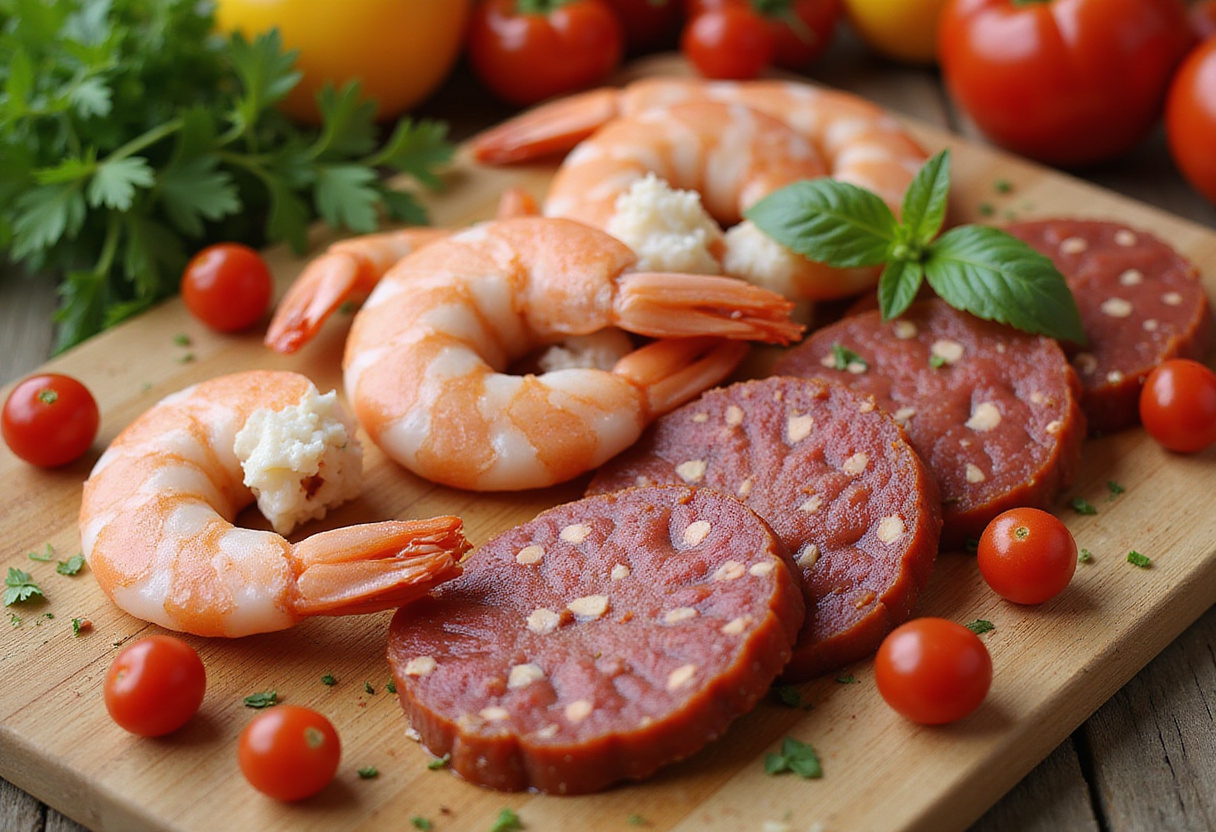 Ingredientes frescos para una ensalada de camarones, incluyendo camarones y chorizo en una tabla de cortar.