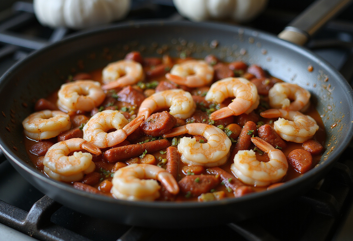 Camarones y chorizo cocinándose en una sartén, ideal para ensalada caliente de camarones.