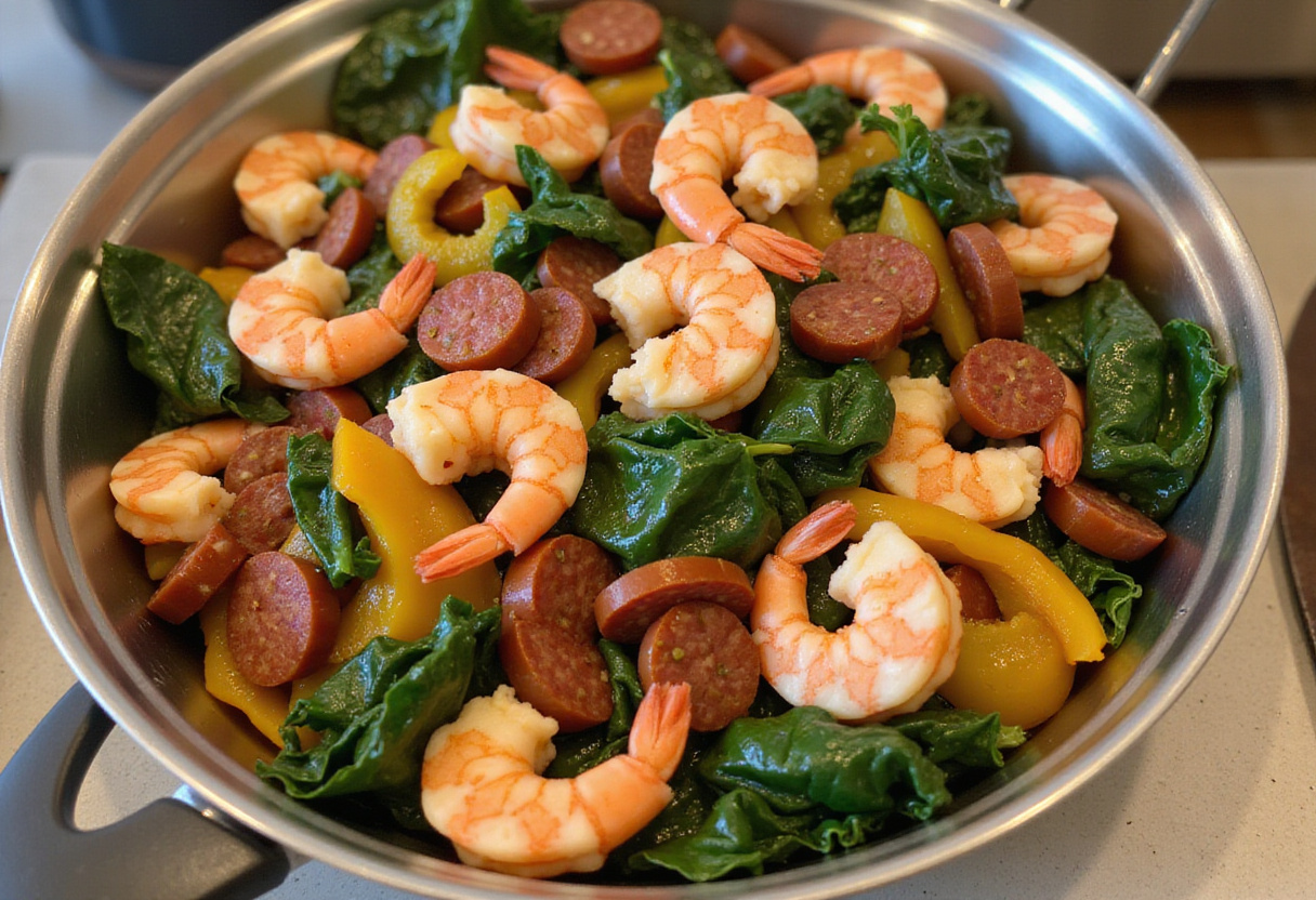 Mezcla de camarones y chorizo en un tazón para preparar ensalada caliente de camarones y chorizo.