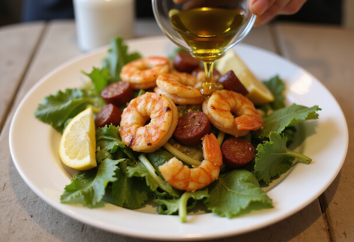 Combinación de ensalada caliente de camarones y chorizo sobre hojas verdes frescas.