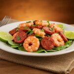Finished ensalada tibia de camarón y chorizo, an intensely flavorful seafood dish perfect for any occasion.