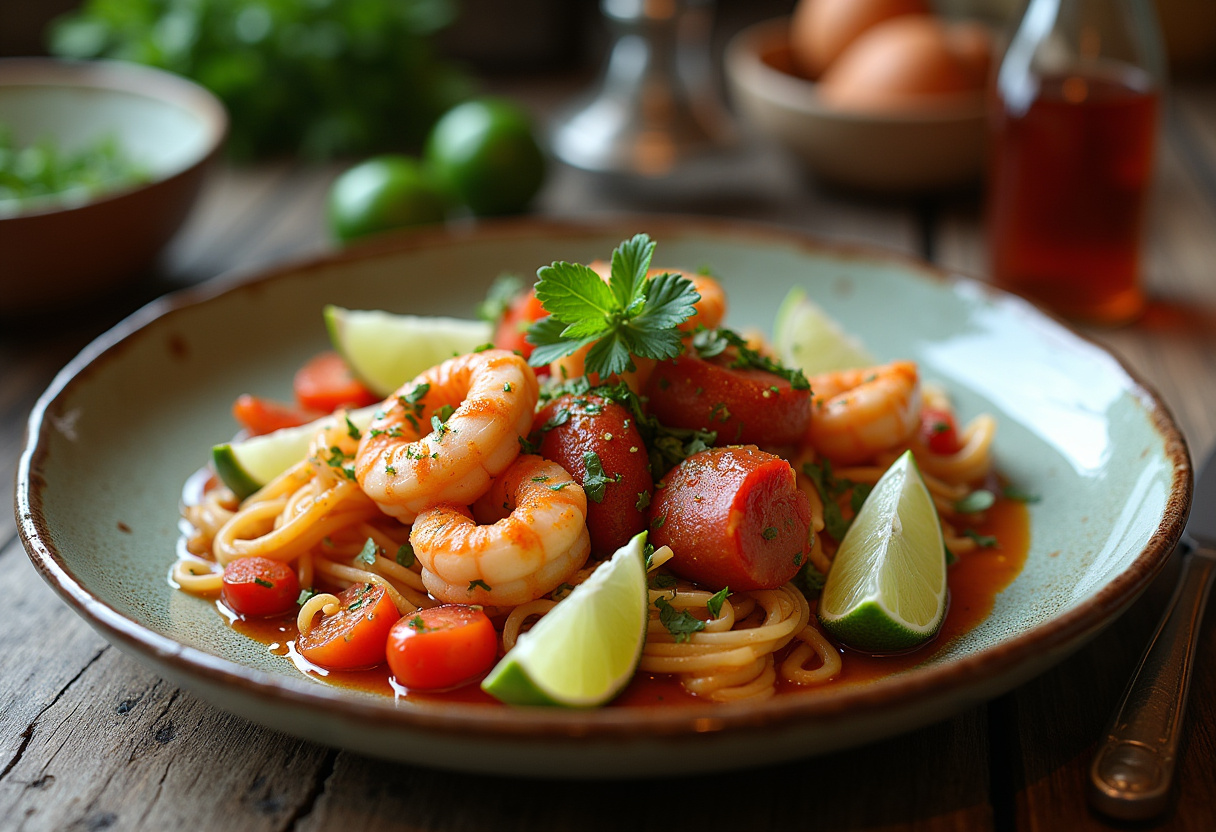 Finished ensalada tibia de camarón y chorizo, an intensely flavorful seafood dish perfect for any occasion.