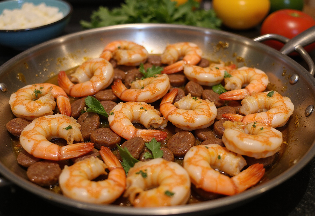 Sautéing shrimp and chorizo for ensalada de camarón y chorizo, a flavorful seafood salad.