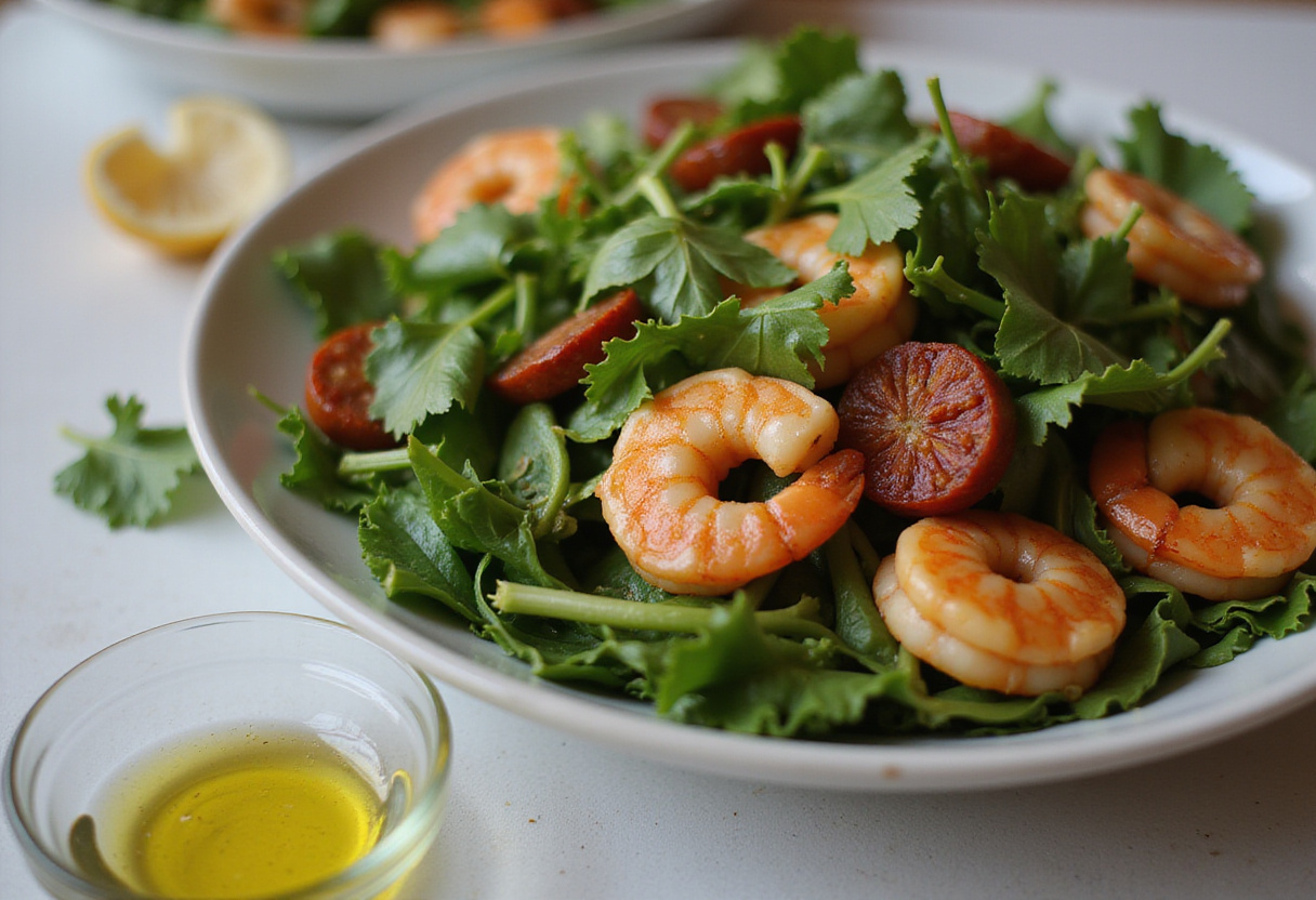 Combining fresh greens with shrimp and chorizo for the ensalada tibia, a delicious warm salad recipe.