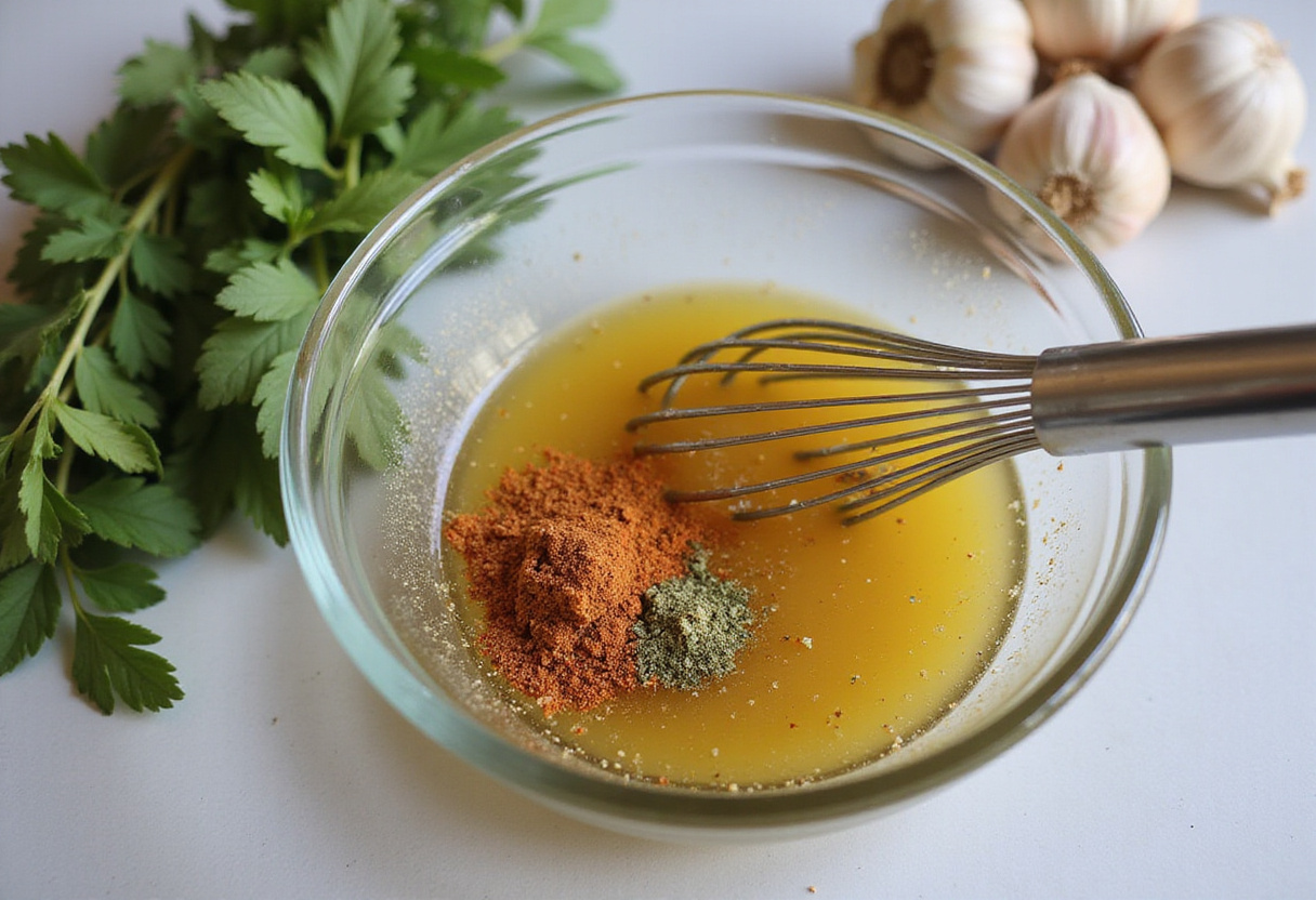 Preparing a zesty dressing with lime juice and spices for ensalada de mariscos, enhancing flavors.