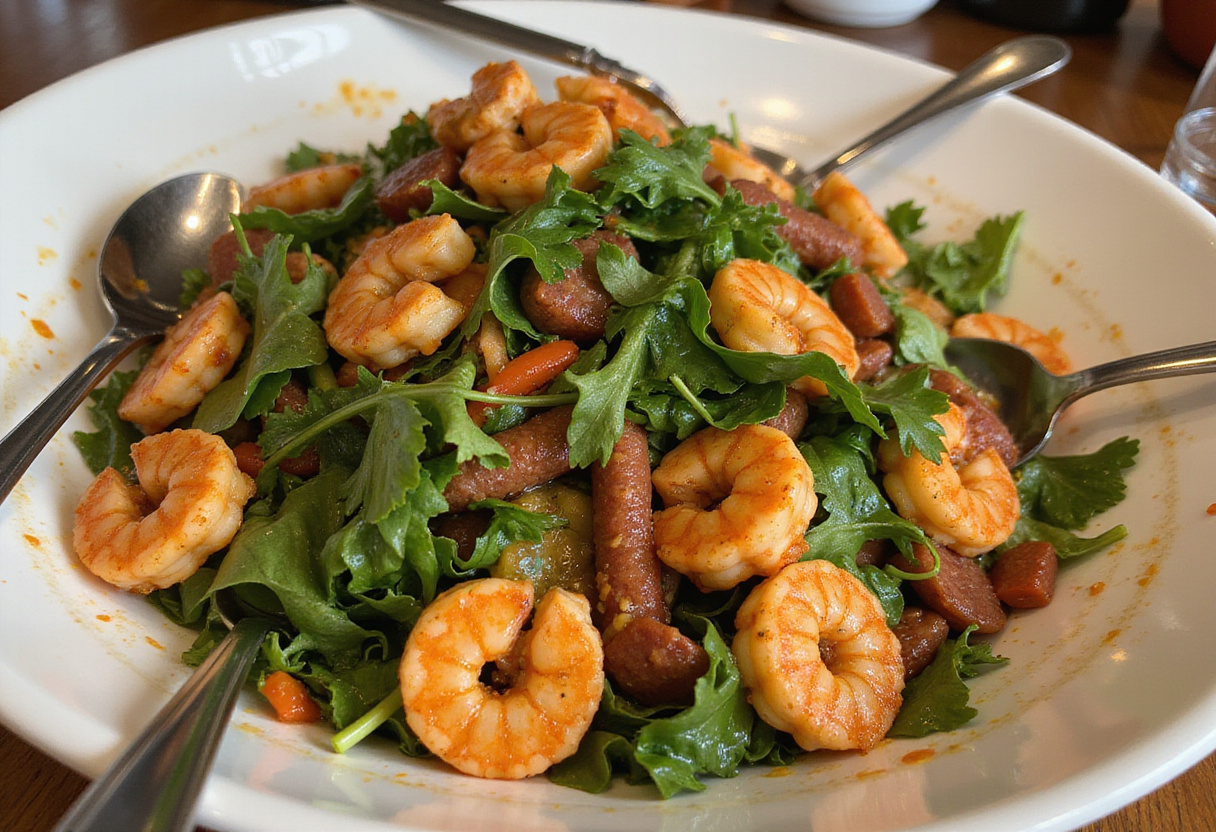 Tossing shrimp, chorizo, and greens for the warm seafood salad, ensalada picante, ready to enjoy.
