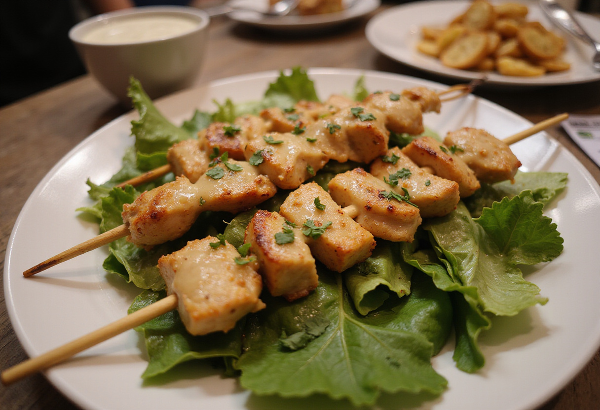 Ensalada con brochetas de pollo lista para disfrutar, combinando frescura y delicioso sabor ahumado.