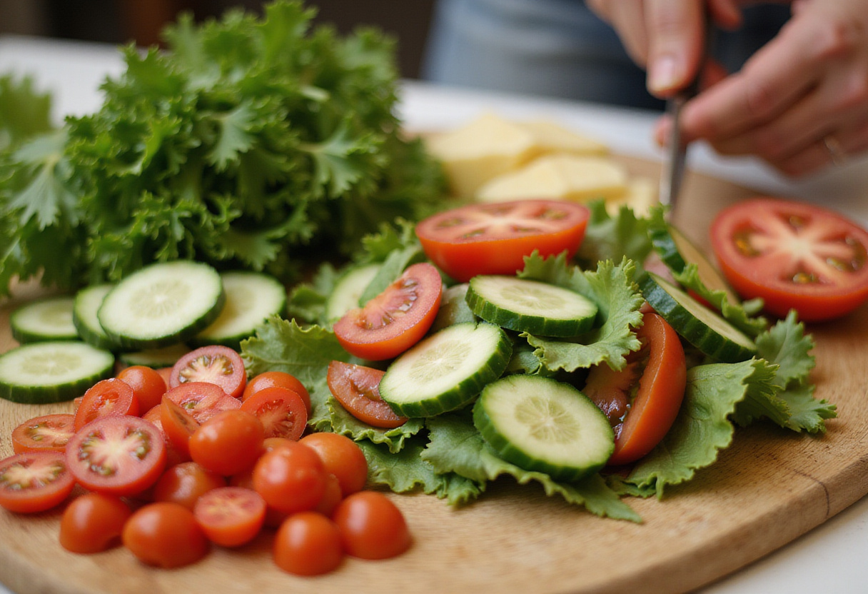 Ensalada fresca preparada con verduras coloridas para ensalada con brochetas de pollo.
