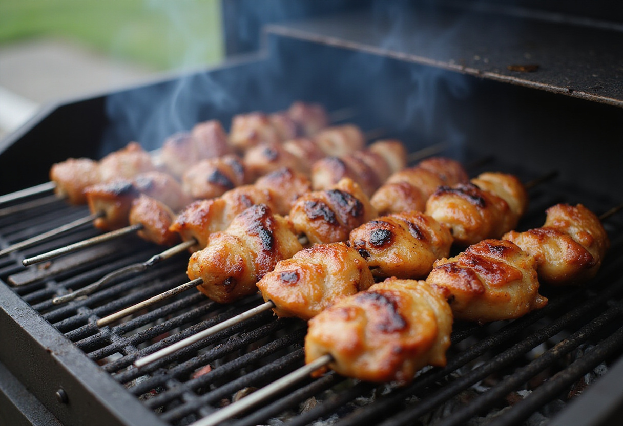 Brochetas BBQ de pollo cocinándose a la parrilla para el sabor ahumado.