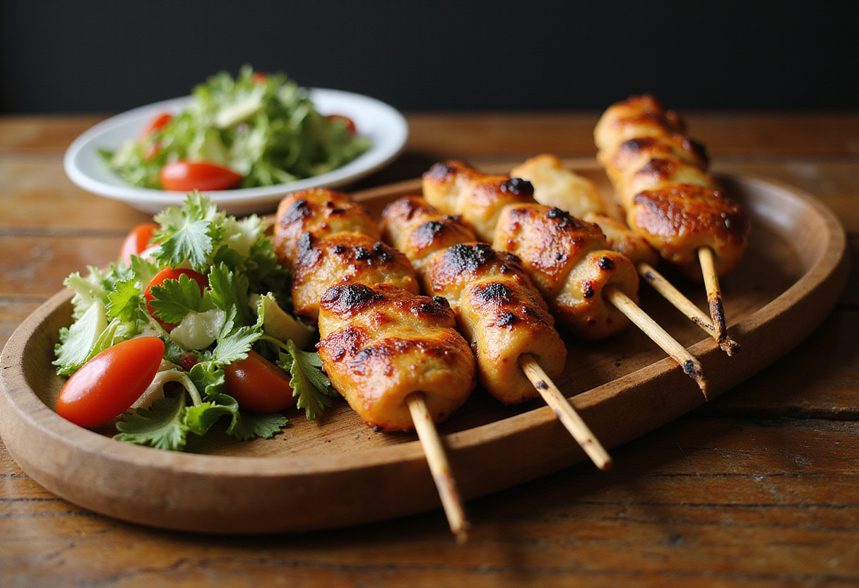 Plato de brochetas de pollo a la parrilla y ensalada fresca para ensalada con brochetas de pollo.