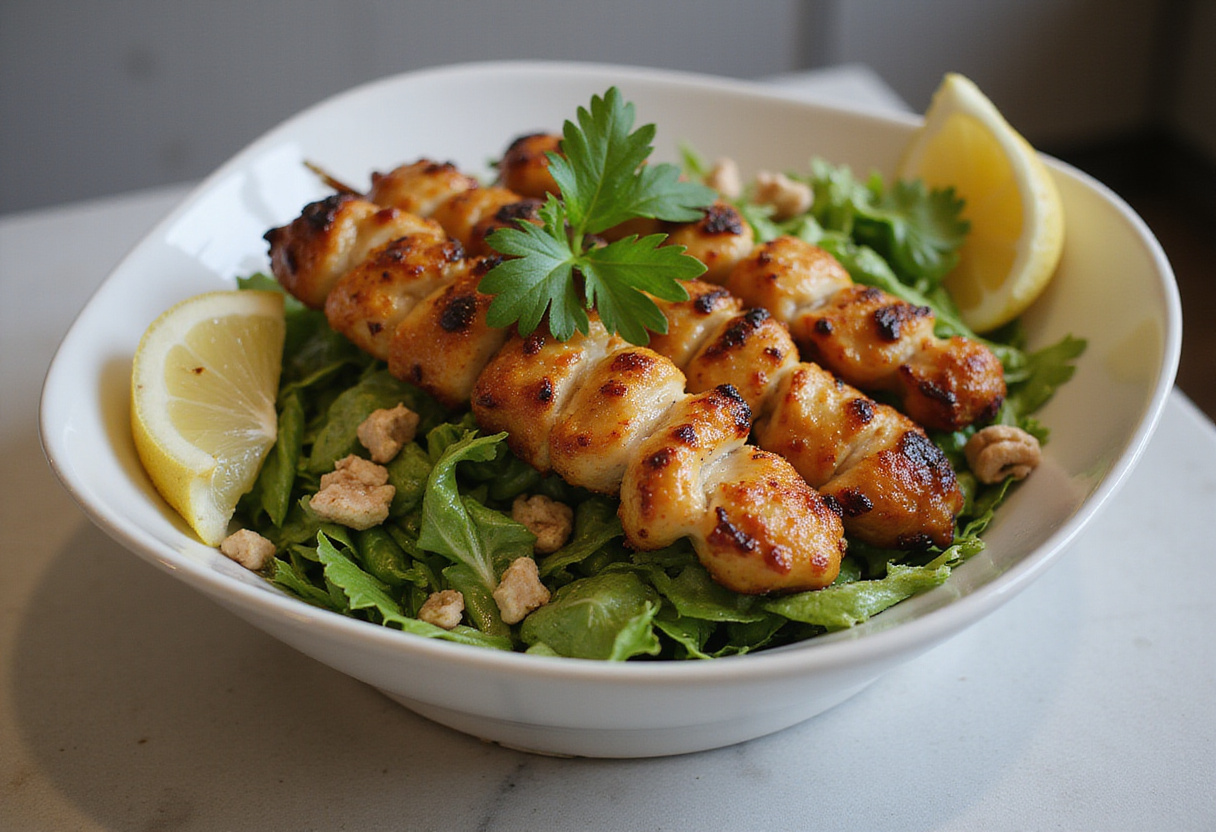 Ensalada fresca con brochetas BBQ de pollo listas para servir con sabor ahumado.