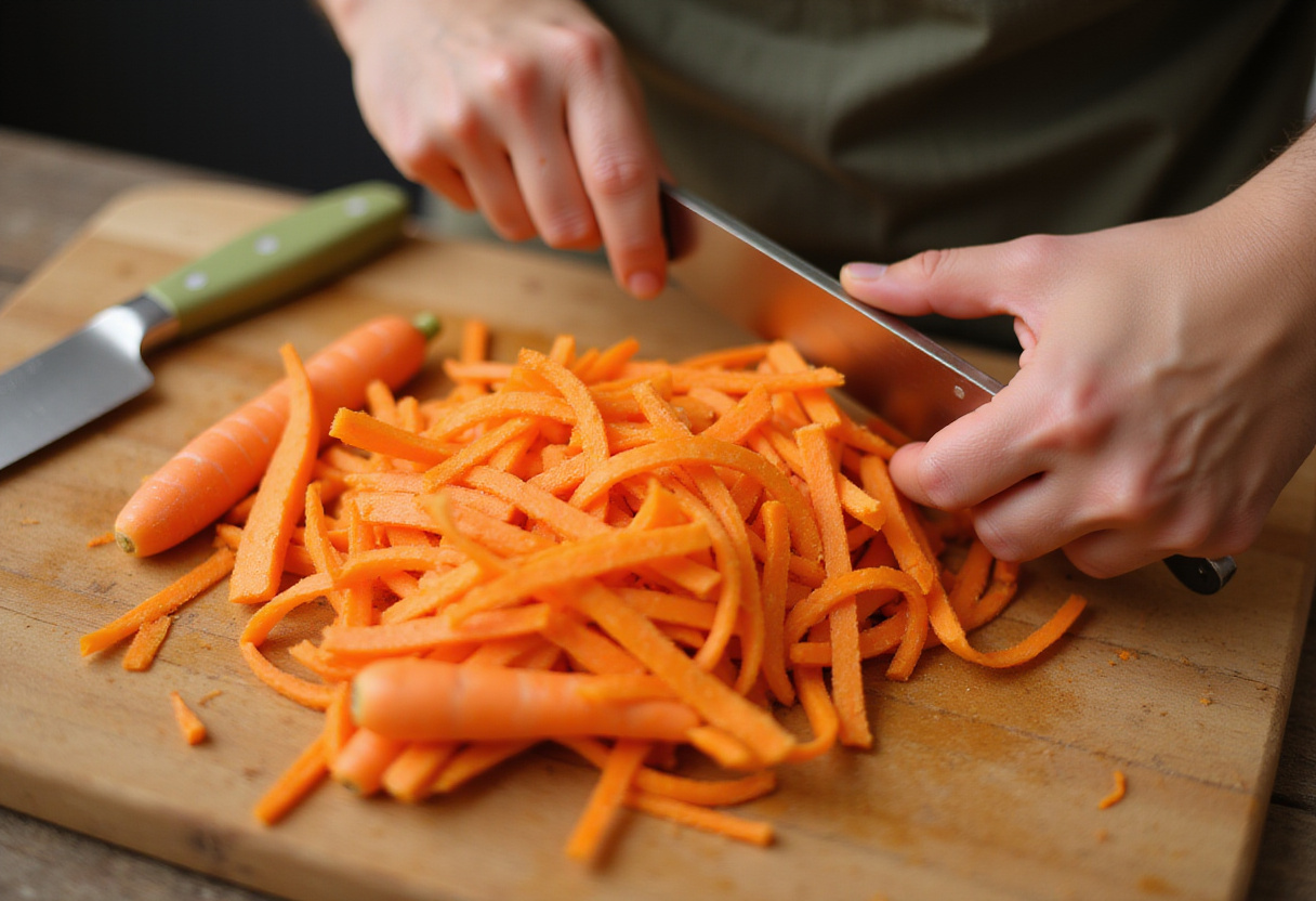 Carrots being prepared for ensalada de zanahoria, highlighting the fresh ingredients for ensalada saludable.