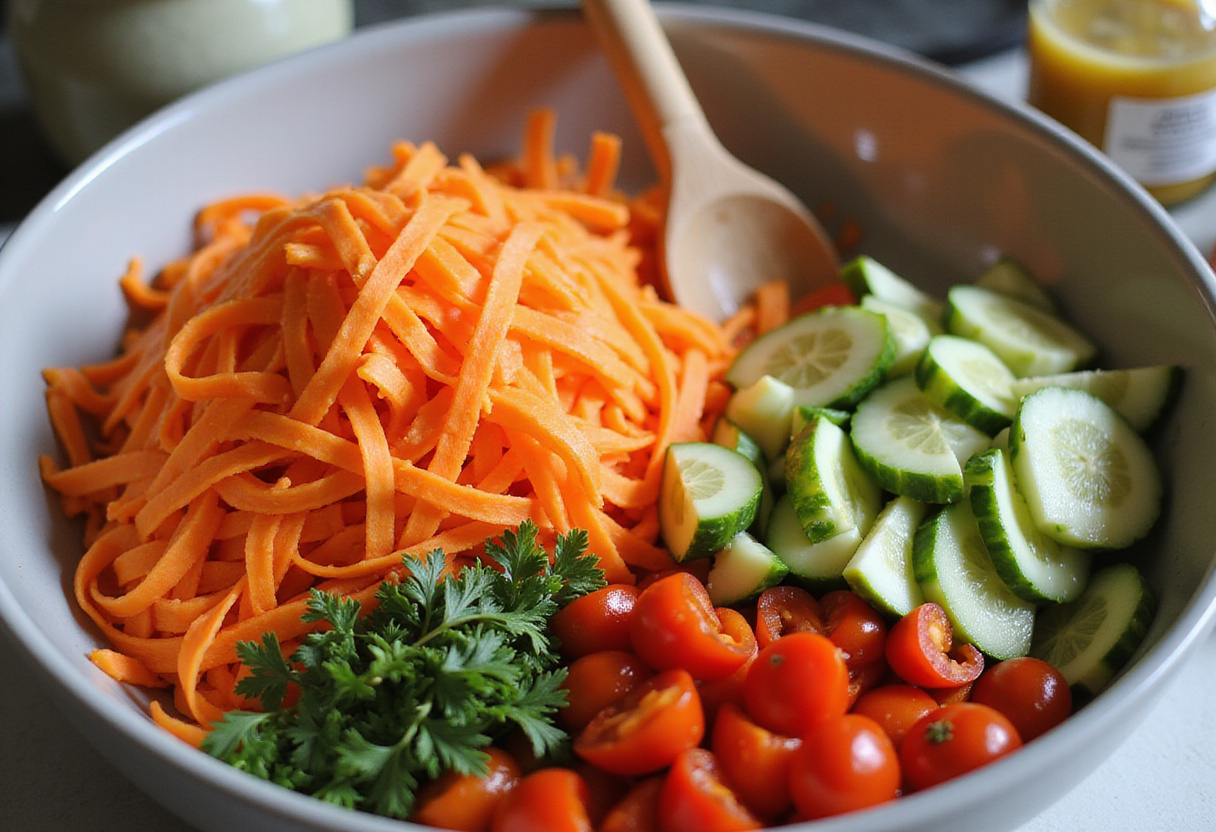 Fresh vegetables combined in a bowl for ensalada de zanahoria, illustrating a receta de ensalada saludable.