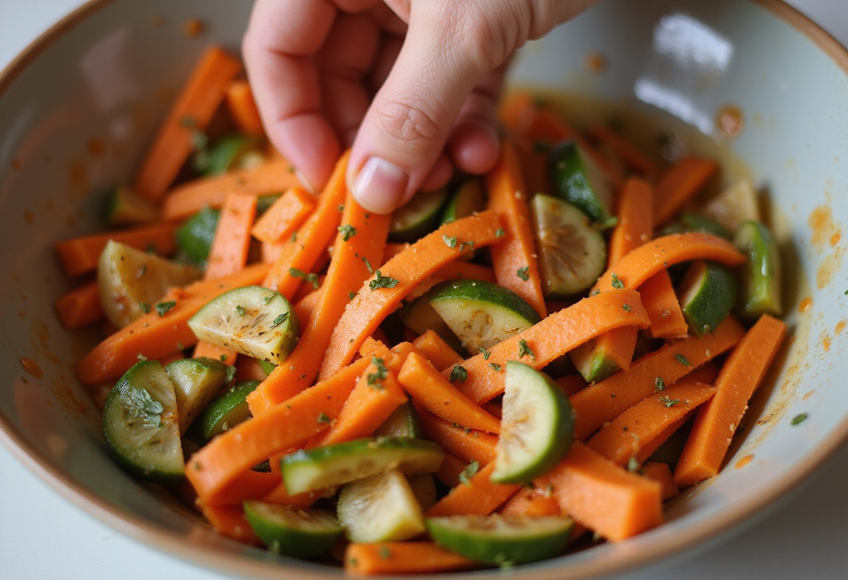 Vegetables tossed together for ensalada fresca, emphasizing the healthy preparation of ensalada de zanahoria.