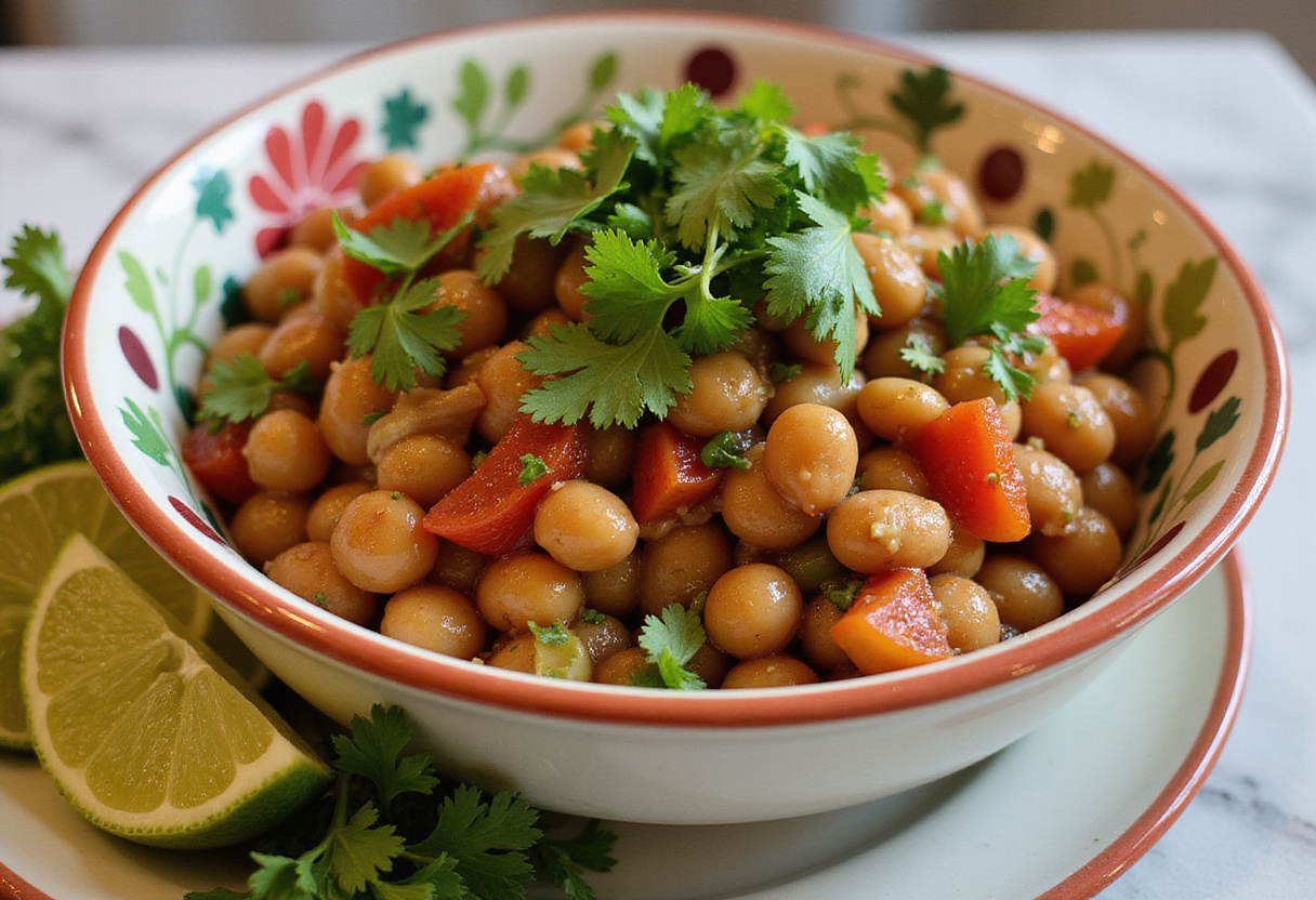 Ensalada de frijoles densa y colorida lista para servir, perfecta para una comida saludable.