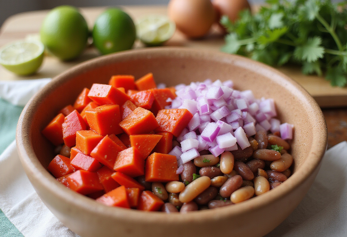 Ingredientes frescos como pimientos rojos y cebollas agregados a la ensalada de frijoles saludable.