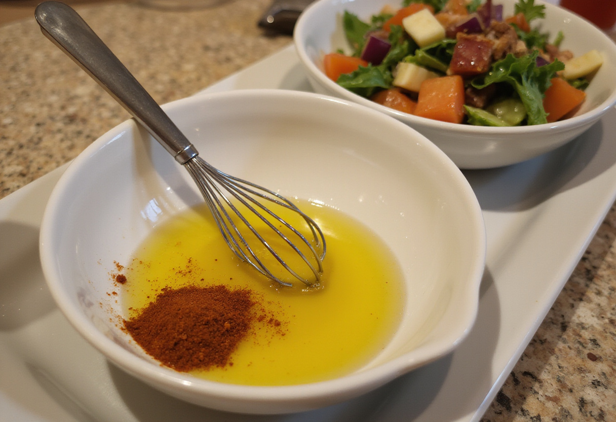 Aderezo para ensalada de frijoles saludable preparado en un tazón pequeño.