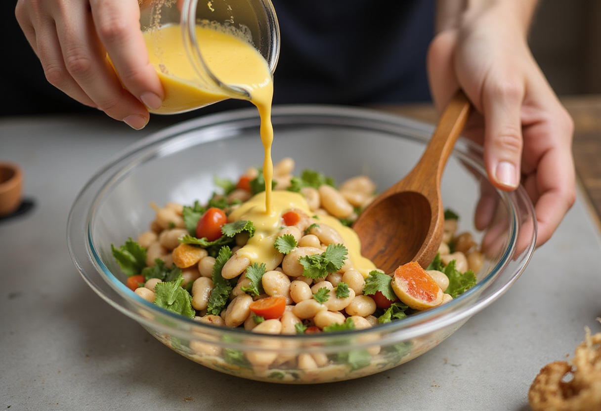 Aderezo vertido sobre la ensalada de frijoles abundante en un tazón grande.