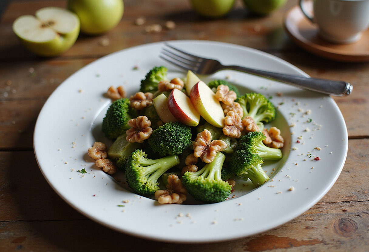 Ensalada de brócoli, manzana y nueces terminada, ideal para una comida saludable y deliciosa.