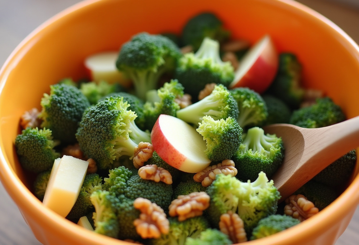 Preparación de ensalada de brócoli, manzana y nueces en un bol grande para una ensalada saludable.