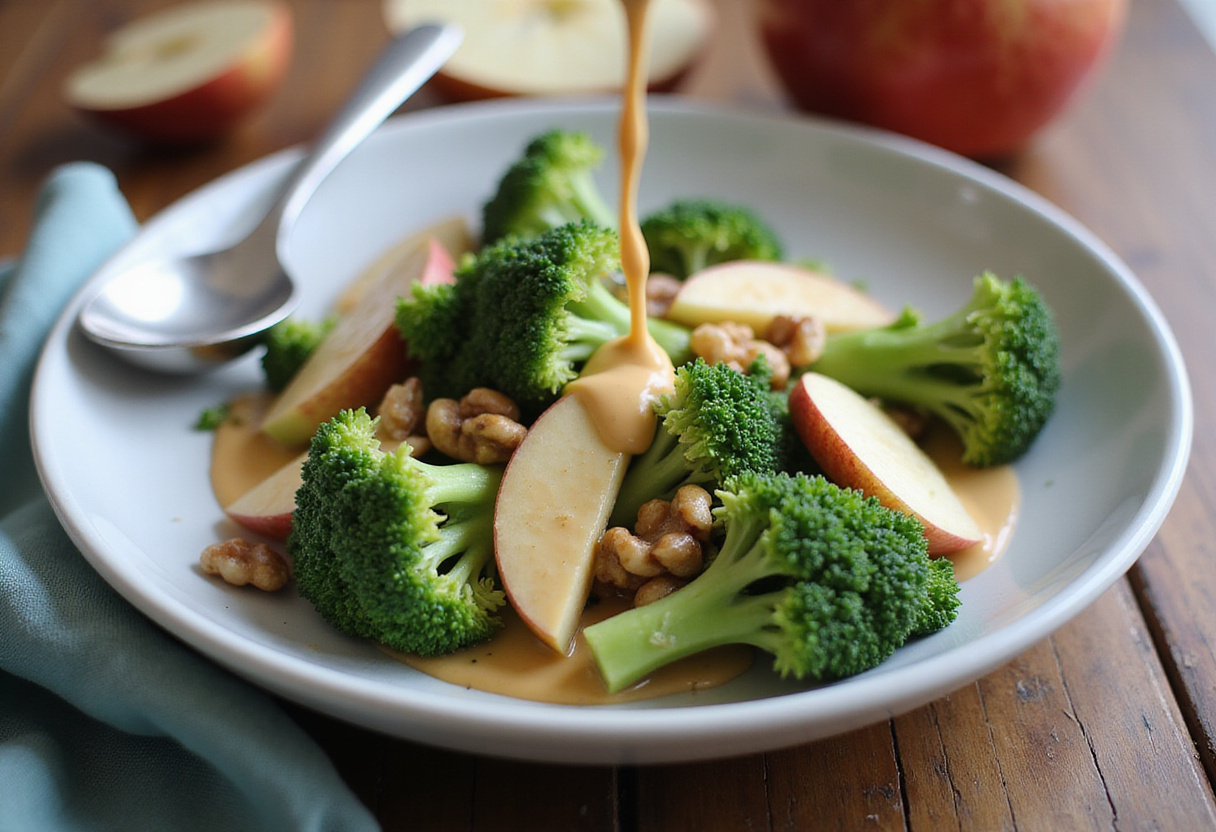 Ensalada de brócoli, manzana y nueces aliñada con aderezo cremoso lista para servir.