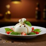 Ensalada de burrata italiana con tomates secos, piñones y rúcula lista para disfrutar.