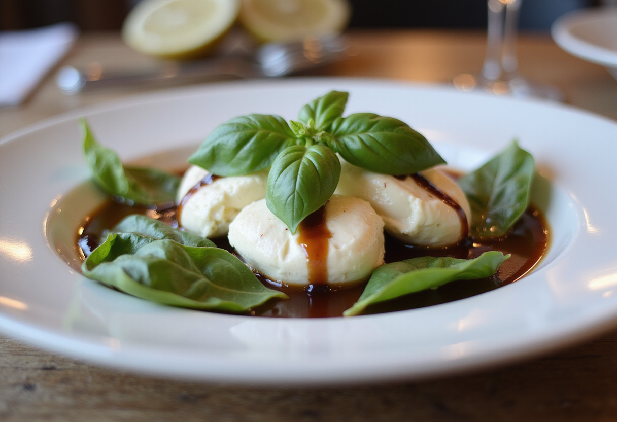 Ensalada de burrata italiana con tomates secos, piñones y rúcula lista para disfrutar.