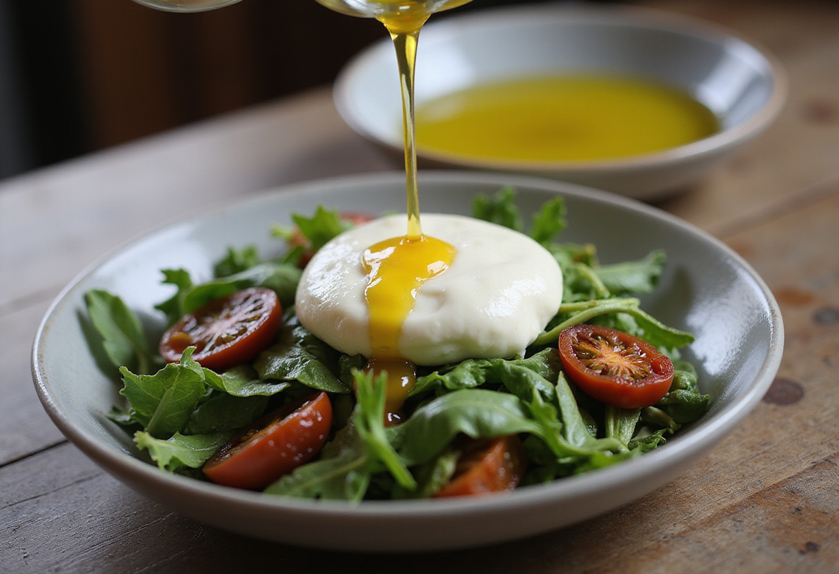 Burrata italiana colocada sobre rúcula y tomates secos en la ensalada de burrata.