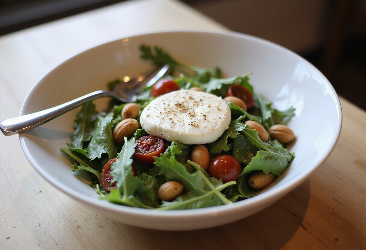 Bol de ensalada de burrata con rúcula, tomates secos y piñones listo para servir.