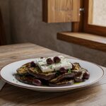 Ensalada griega de berenjenas servida, decorada con aceitunas y hierbas frescas.