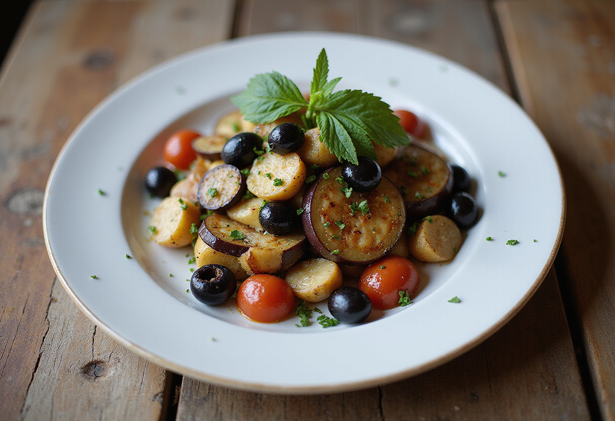 Ensalada griega de berenjenas servida, decorada con aceitunas y hierbas frescas.
