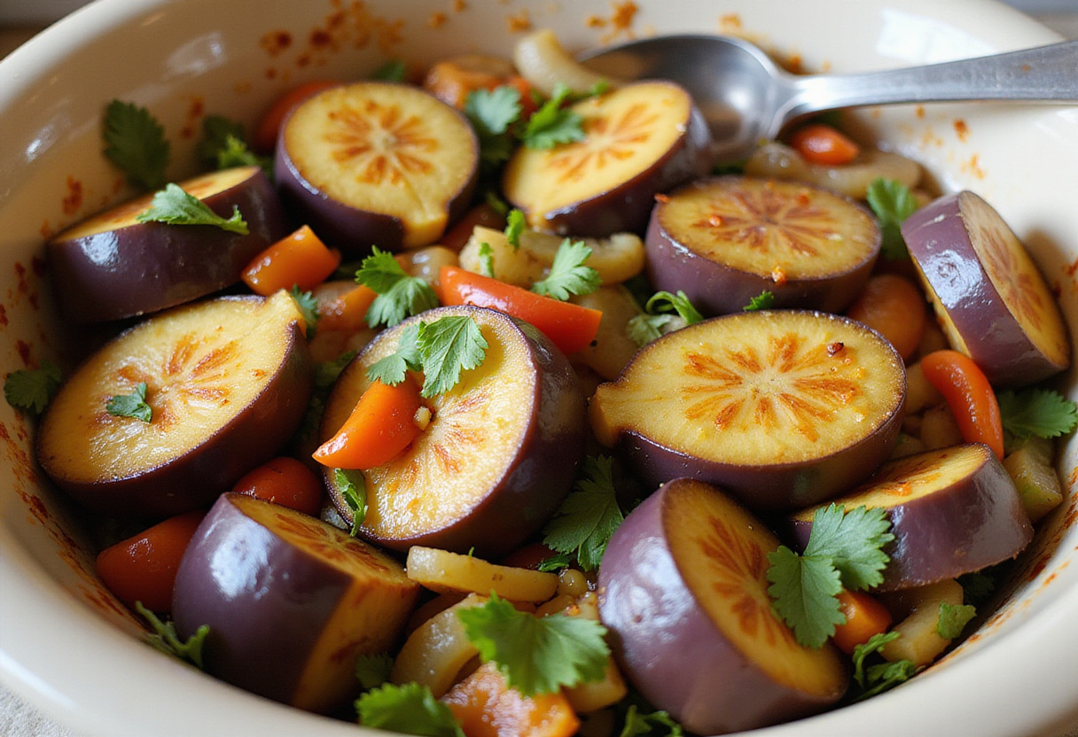 Berenjenas salteadas mezcladas con pimientos y hierbas, base para ensalada mediterránea saludable.