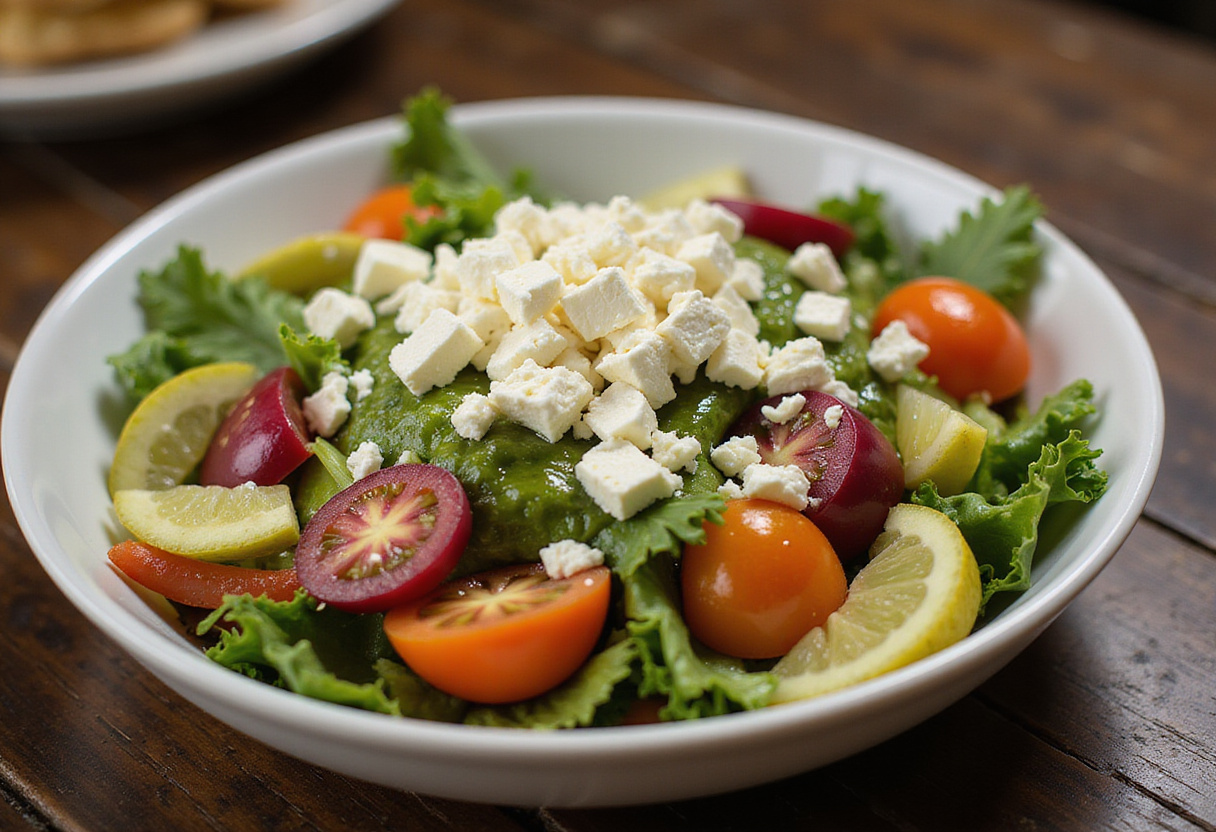 Ensalada griega con berenjenas, pimientos y queso feta, lista para servir.