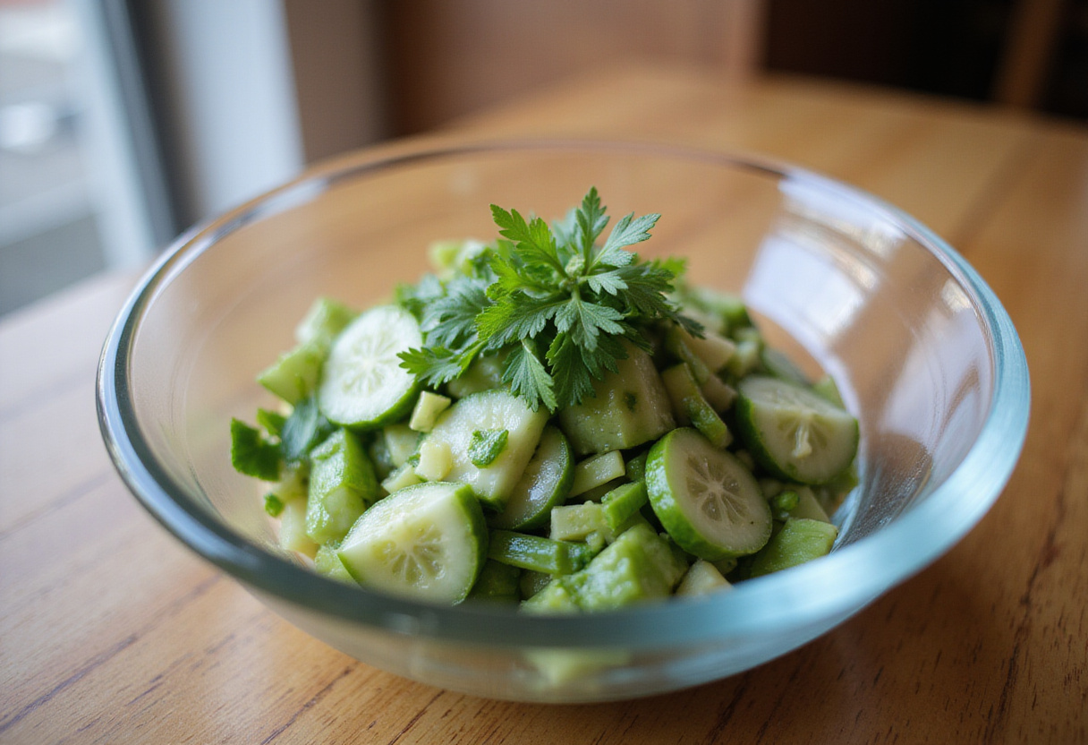 Ensalada de pepino y cebollín lista para ser servida, ideal para comidas saludables.