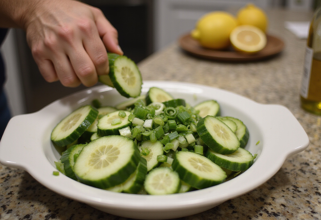 Cucumbers and cebollín cortados listos para una receta de ensalada saludable.