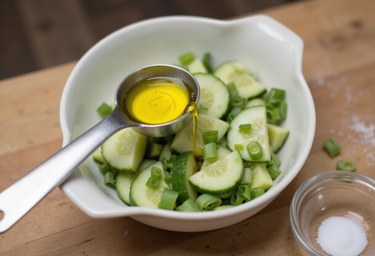 Añadiendo aceite de oliva a la ensalada de pepino y cebollín.