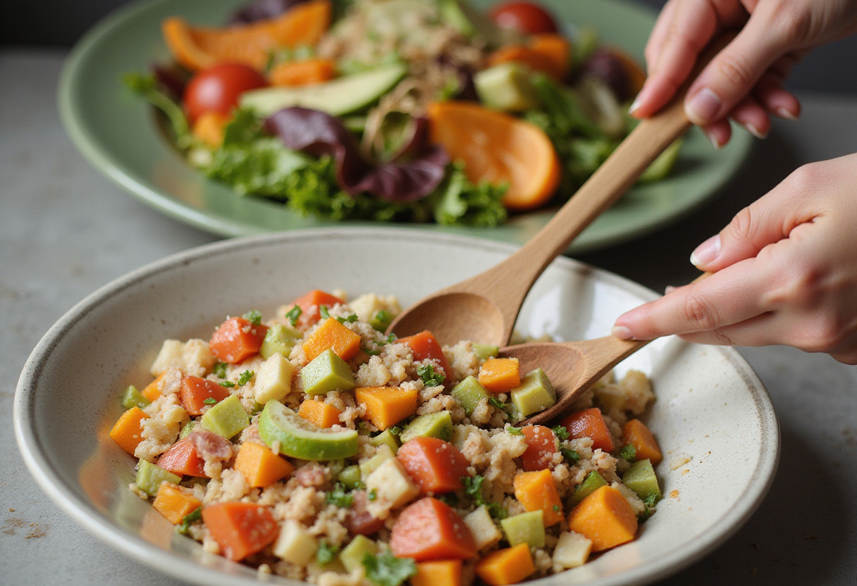 Mezclando la ensalada fresca de pepino antes de servir.